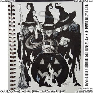 Cauldron Crones Original Halloween Ink Drawing