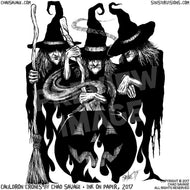 Cauldron Crones Original Halloween Ink Drawing